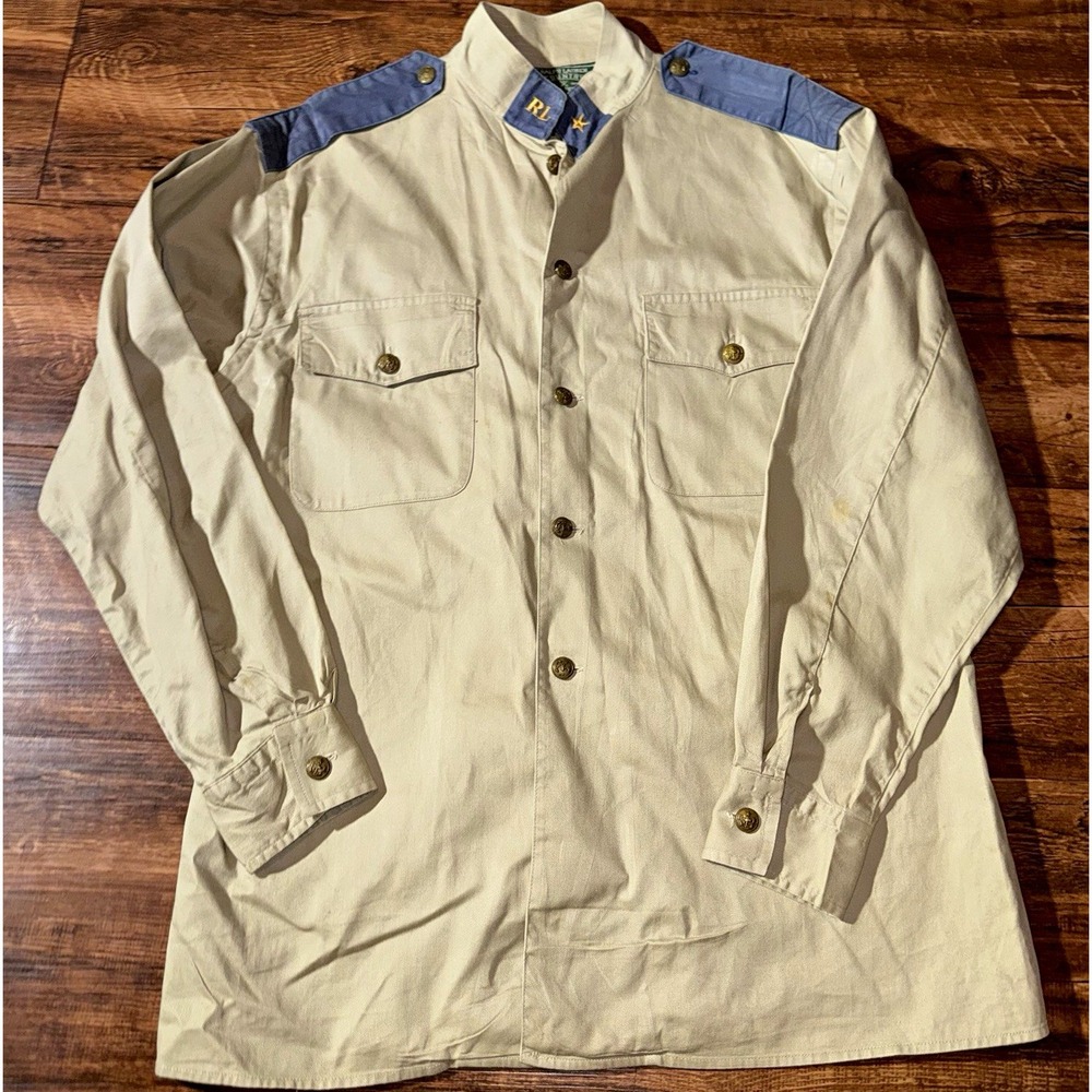 Ralph Lauren Country Beige/Blue Twill Cotton Band Collar Button-Up Shirt Men S